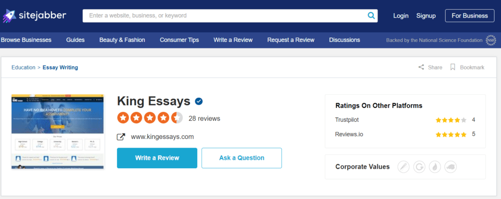 KingEssays.com SiteJabber screenshot